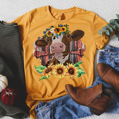 HYC - Cow with Sunflowers T-Shirt-05684
