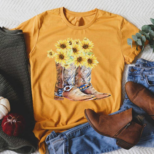HYC - Funny village life Sunflower boots T-shirt Tee-05846